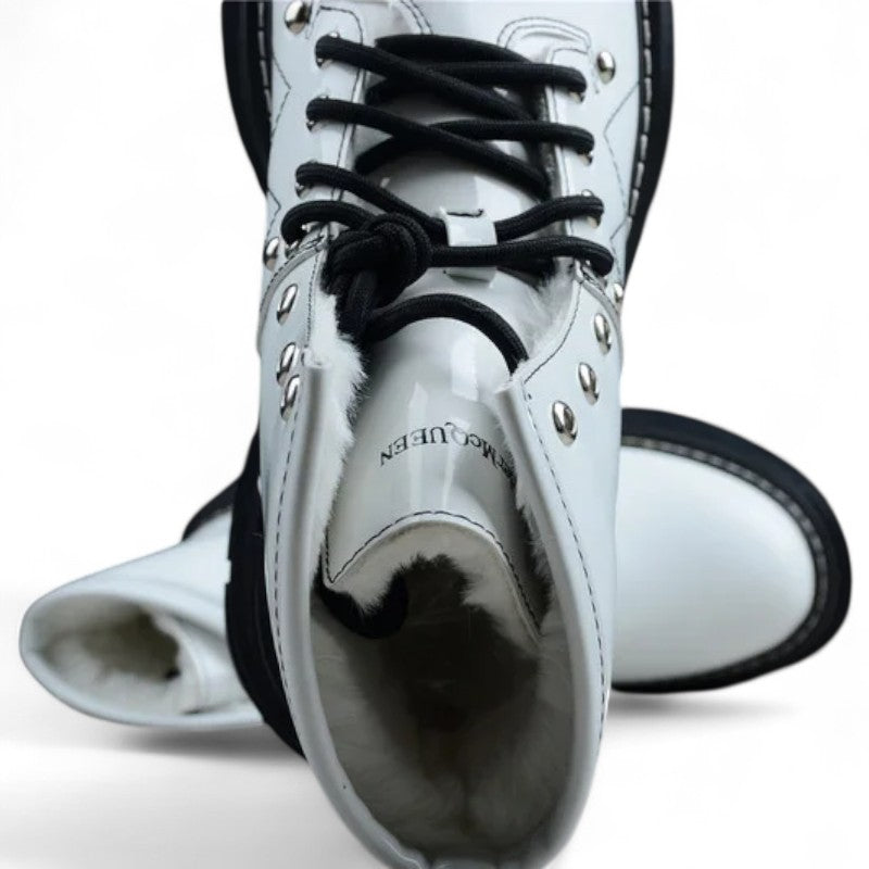 Alexander McQueen White High-Top Combat Boot – Black Sole