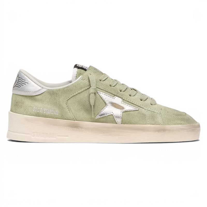 Stardan in sage-green suede with metallic silver star