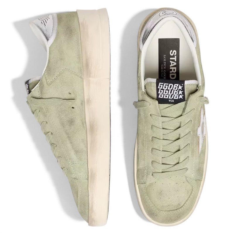 Stardan in sage-green suede with metallic silver star