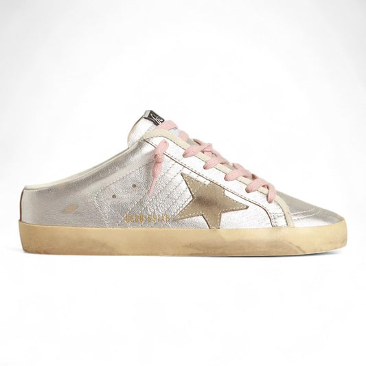 Super-Star Sabots in silver metallic leather with a suede star detail