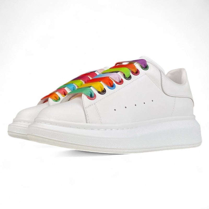 Alexander McQueen Oversized Sneakers – White with Rainbow Laces 